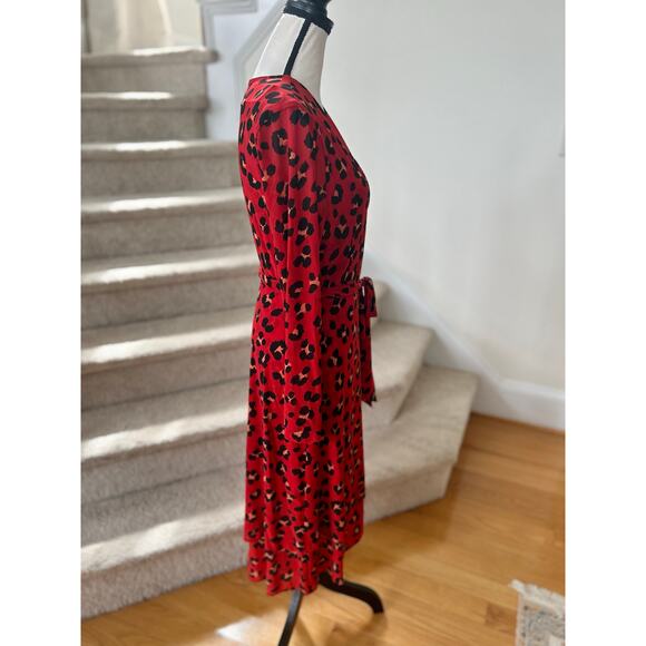 NWT Cabi Siren Wrap Dress Red Leopard Print Midi Long Sleeve - Picture 3 of 8